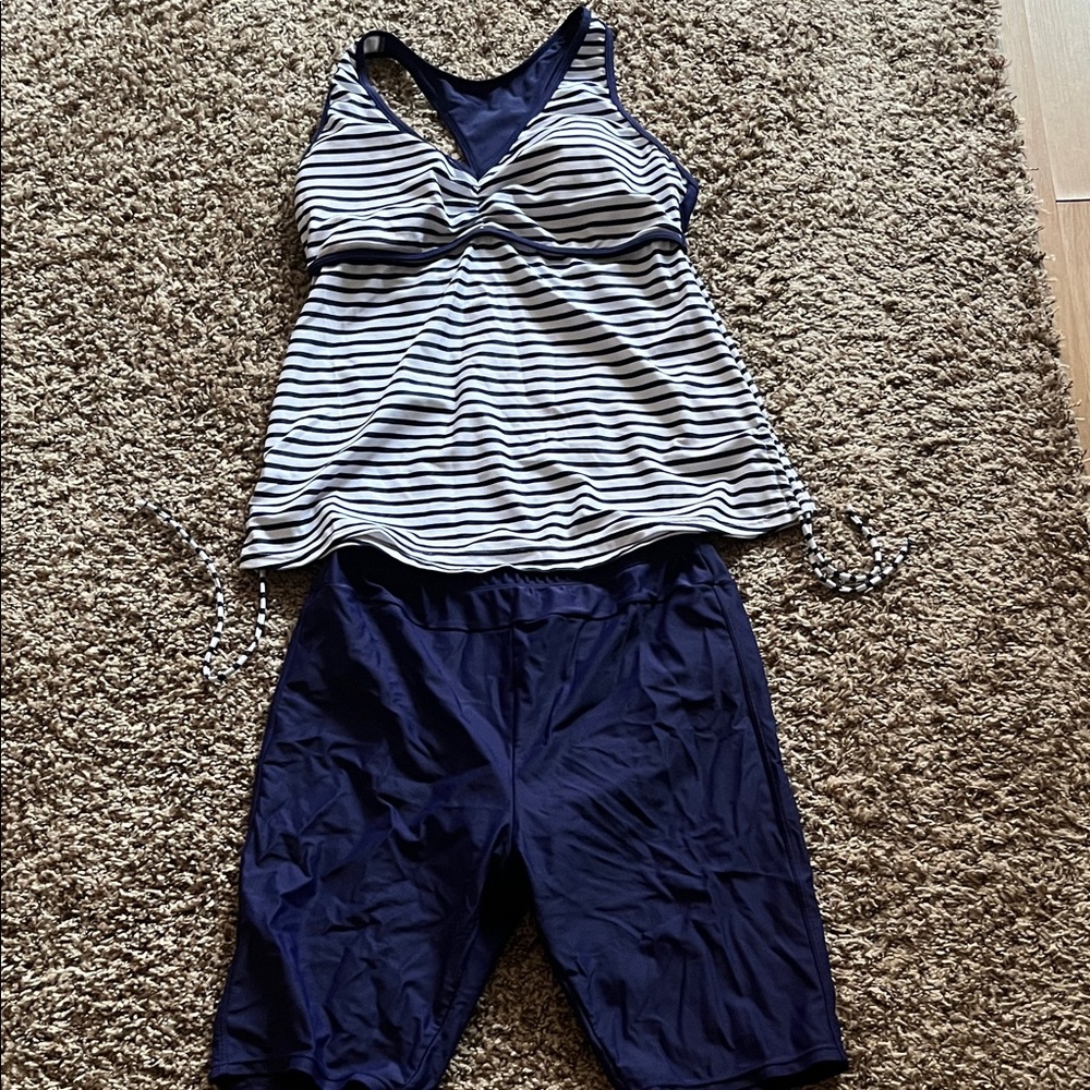 Navy and White Striped Women's Swimming suit